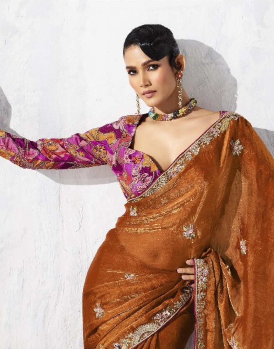 Minimalist Elegance Brown Embroidered Saree and Printed Blouse - Buy_2