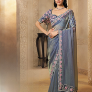Modern Grey Organza Saree with Pearl & Stone Embellishments Two-Tone Satin Blouse for Elegant Look - Buy