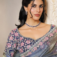 Modern Grey Organza Saree with Pearl & Stone Embellishments Two-Tone Satin Blouse for Elegant Look - Buy_1