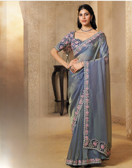 Modern Grey Organza Saree with Pearl & Stone Embellishments Two-Tone Satin Blouse for Elegant Look - Buy