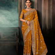 Mustard Aari Work Saree Fancy Fabric with Intricate Hand Embroidery and Blouse - Buy