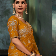 Mustard Aari Work Saree Fancy Fabric with Intricate Hand Embroidery and Blouse - Buy_1