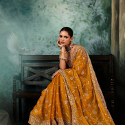 Mustard Aari Work Saree Fancy Fabric with Intricate Hand Embroidery and Blouse - Buy_3