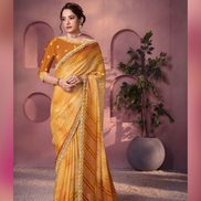 Mustard Satin Silk Bandhani Saree with Two-Tone Shaded Print & Elegant Hand Embellishments - Buy