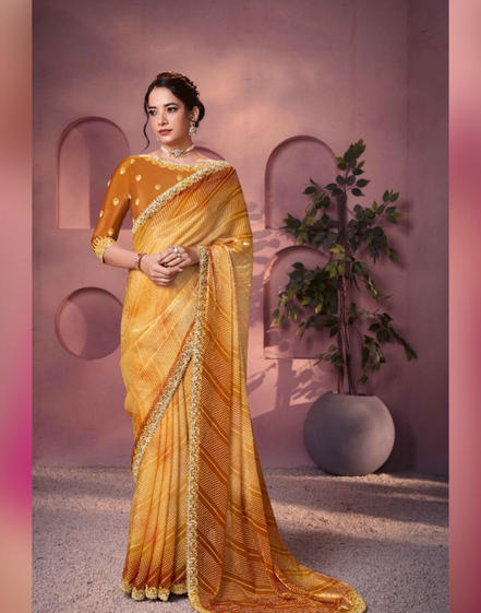 Mustard Satin Silk Bandhani Saree with Two-Tone Shaded Print & Elegant Hand Embellishments - Buy