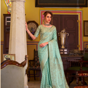 Ocean Mist Sea Green Satin Banarasi Silk Saree with Royal Vibes - Buy