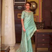 Ocean Mist Sea Green Satin Banarasi Silk Saree with Royal Vibes - Buy_2