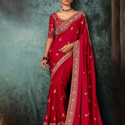 Opulent Red Designer Saree Fancy Fabric with Masterful Aari and Hand Embroidery - Buy