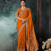 Orange Embroidered Fancy Saree Aari and Handwork Accents with Matching Blouse - Buy