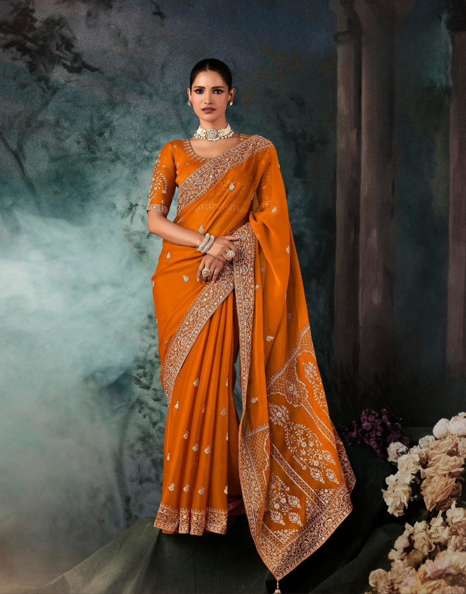 Orange Embroidered Fancy Saree Aari and Handwork Accents with Matching Blouse - Buy