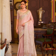 Pastel Grace Baby Pink Banarasi Saree in Glossy Satin Silk - Buy