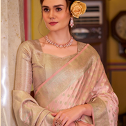 Pastel Grace Baby Pink Banarasi Saree in Glossy Satin Silk - Buy_1