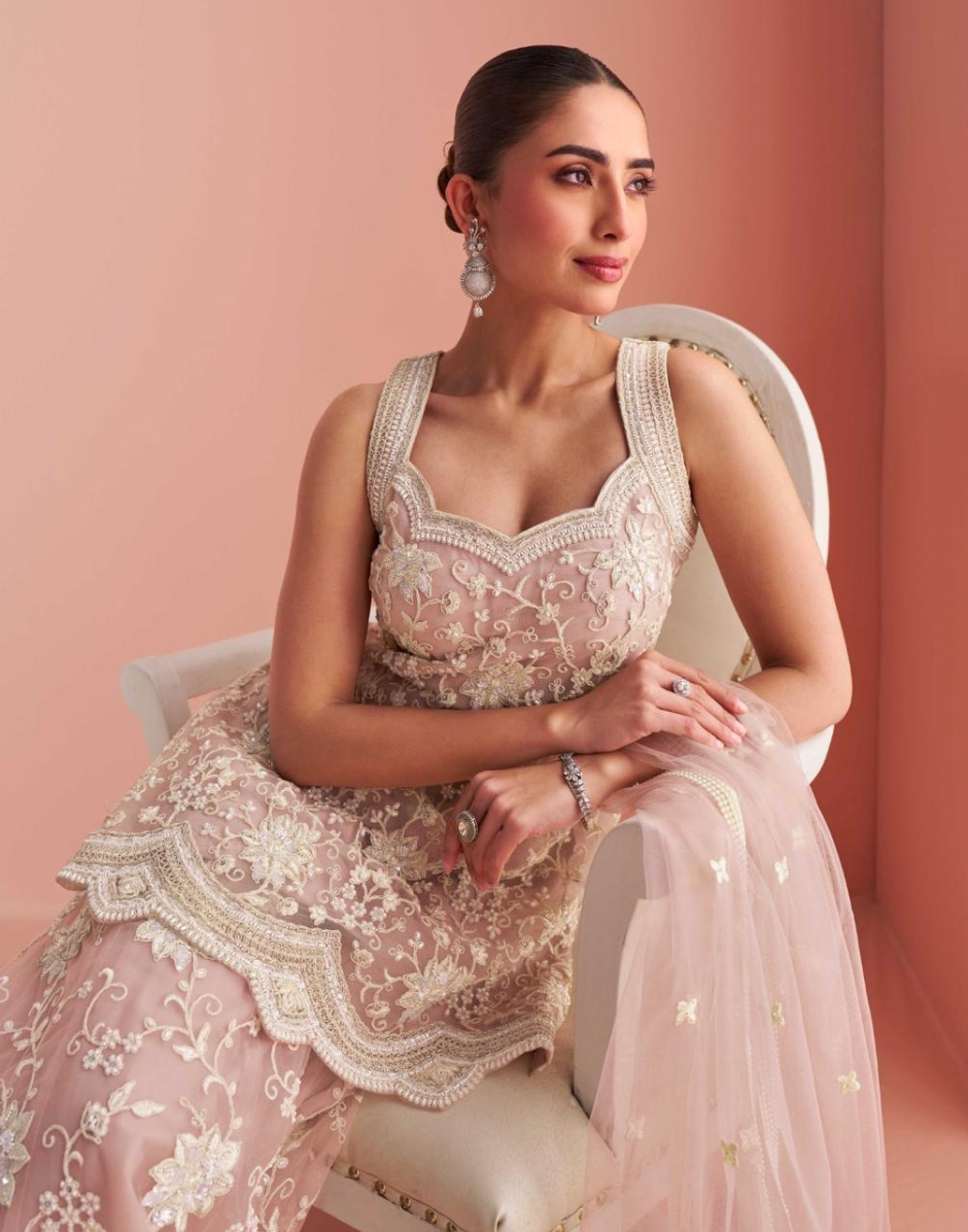 Peach Festive Palazzo Set Embroidered Halter Neck Top with Bead Highlights_2
