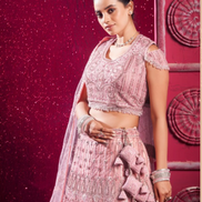 Peach Premium Net Lehenga Set with Mirror Work, Pearl Latkans & Zarkan Embroidery - Buy_1