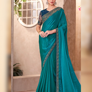 Peacock Blue Satin Saree with Linen Work Blouse Perfect for Weddings & Parties - Buy