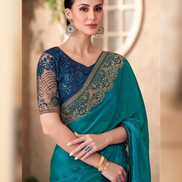 Peacock Blue Satin Saree with Linen Work Blouse Perfect for Weddings & Parties - Buy_1
