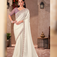 Pearl White Shining Georgette Saree Paired with Linen Embroidered Blouse for Weddings - Buy