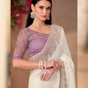 Pearl White Shining Georgette Saree Paired with Linen Embroidered Blouse for Weddings - Buy_1