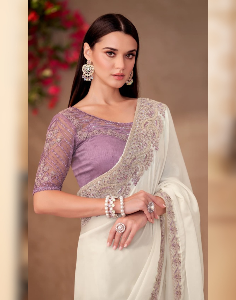 Pearl White Shining Georgette Saree Paired with Linen Embroidered Blouse for Weddings - Buy_1