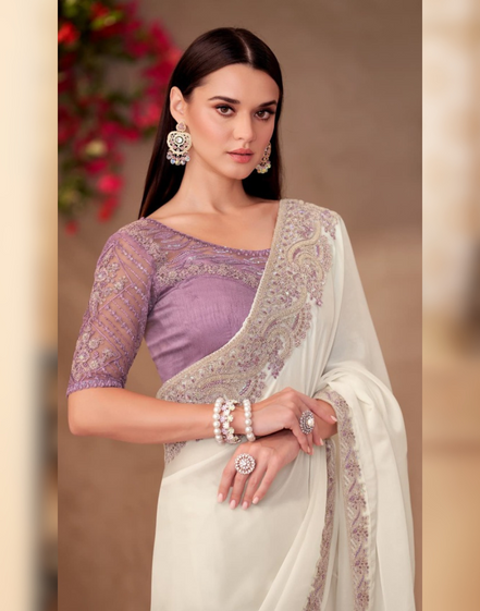 Pearl White Shining Georgette Saree Paired with Linen Embroidered Blouse for Weddings - Buy_1