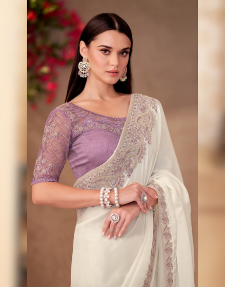 Pearl White Shining Georgette Saree Paired with Linen Embroidered Blouse for Weddings - Buy_1