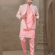 Pink Jacquard Silk Kurta Set for Men Floral Print Ethnic Wear for Celebrations