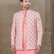 Pink Jacquard Silk Kurta Set for Men Floral Print Ethnic Wear for Celebrations_1