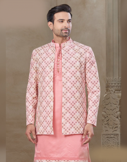 Pink Jacquard Silk Kurta Set for Men Floral Print Ethnic Wear for Celebrations_1