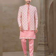 Pink Jacquard Silk Kurta Set for Men Floral Print Ethnic Wear for Celebrations_2