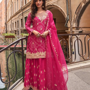 Pink Premium Chinon Silk Embroidered Suit Set Digital Embroidery Top, Plazzo & Dupatta