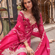 Pink Premium Chinon Silk Embroidered Suit Set Digital Embroidery Top, Plazzo & Dupatta_1