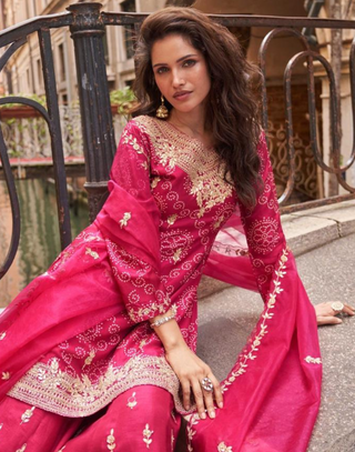 Pink Premium Chinon Silk Embroidered Suit Set Digital Embroidery Top, Plazzo & Dupatta_1
