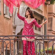 Pink Premium Chinon Silk Embroidered Suit Set Digital Embroidery Top, Plazzo & Dupatta_2