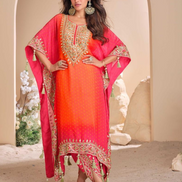 Pink Pure Viscose Crepe & Organza Silk Kaftan Trendy Tulip Style with Hand Mirror & Gota Patti Embroidery - Buy