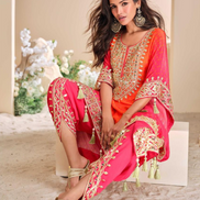Pink Pure Viscose Crepe & Organza Silk Kaftan Trendy Tulip Style with Hand Mirror & Gota Patti Embroidery - Buy_1
