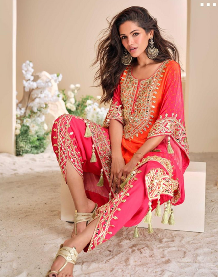 Pink Pure Viscose Crepe & Organza Silk Kaftan Trendy Tulip Style with Hand Mirror & Gota Patti Embroidery - Buy_1
