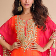 Pink Pure Viscose Crepe & Organza Silk Kaftan Trendy Tulip Style with Hand Mirror & Gota Patti Embroidery - Buy_2