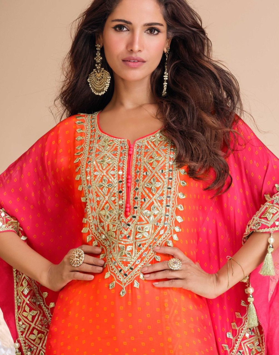 Pink Pure Viscose Crepe & Organza Silk Kaftan Trendy Tulip Style with Hand Mirror & Gota Patti Embroidery - Buy_2