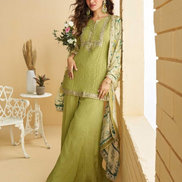 Pista Green Chinon Embroidered Ensemble Top, Palazzo & Dupatta Set