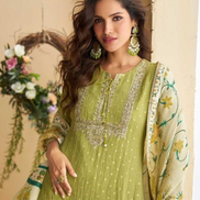 Pista Green Chinon Embroidered Ensemble Top, Palazzo & Dupatta Set_1