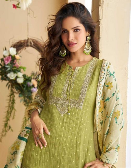 Pista Green Chinon Embroidered Ensemble Top, Palazzo & Dupatta Set_1