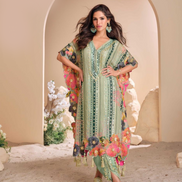 Pista Green Pure Viscose Crepe & Organza Silk Kaftan Trendy Tulip Cut with Hand Mirror & Gota Patti Embroidery - Buy