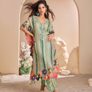 Pista Green Pure Viscose Crepe & Organza Silk Kaftan Trendy Tulip Cut with Hand Mirror & Gota Patti Embroidery - Buy_1