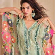 Pista Green Pure Viscose Crepe & Organza Silk Kaftan Trendy Tulip Cut with Hand Mirror & Gota Patti Embroidery - Buy_2