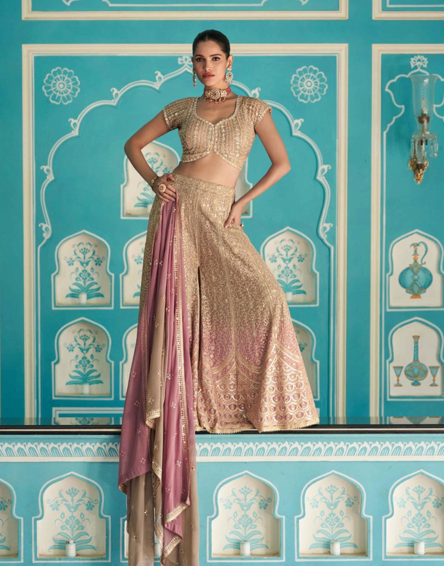 Premium Beige Georgette Palazzo Set with Embroidered Blouse and Dupatta - Buy