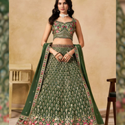 Premium Bottle Green Georgette Lehenga Set with Golden Zari Vine Patterns & Multicolor Floral Border Embroidered Dupatta - Buy