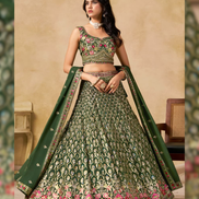 Premium Bottle Green Georgette Lehenga Set with Golden Zari Vine Patterns & Multicolor Floral Border Embroidered Dupatta - Buy_1