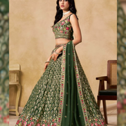 Premium Bottle Green Georgette Lehenga Set with Golden Zari Vine Patterns & Multicolor Floral Border Embroidered Dupatta - Buy_3