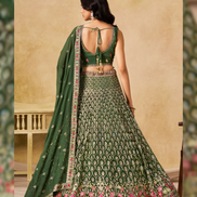 Premium Bottle Green Georgette Lehenga Set with Golden Zari Vine Patterns & Multicolor Floral Border Embroidered Dupatta - Buy_4