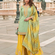 Premium Mehendi Green Silk Embroidered Top with Sharara and Digital Work Dupatta - Buy